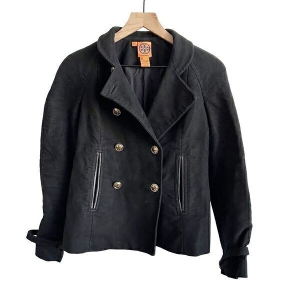 Tory Burch Double Breasted Buckle Accent Leather Trim Military Jacket‎ Black 2